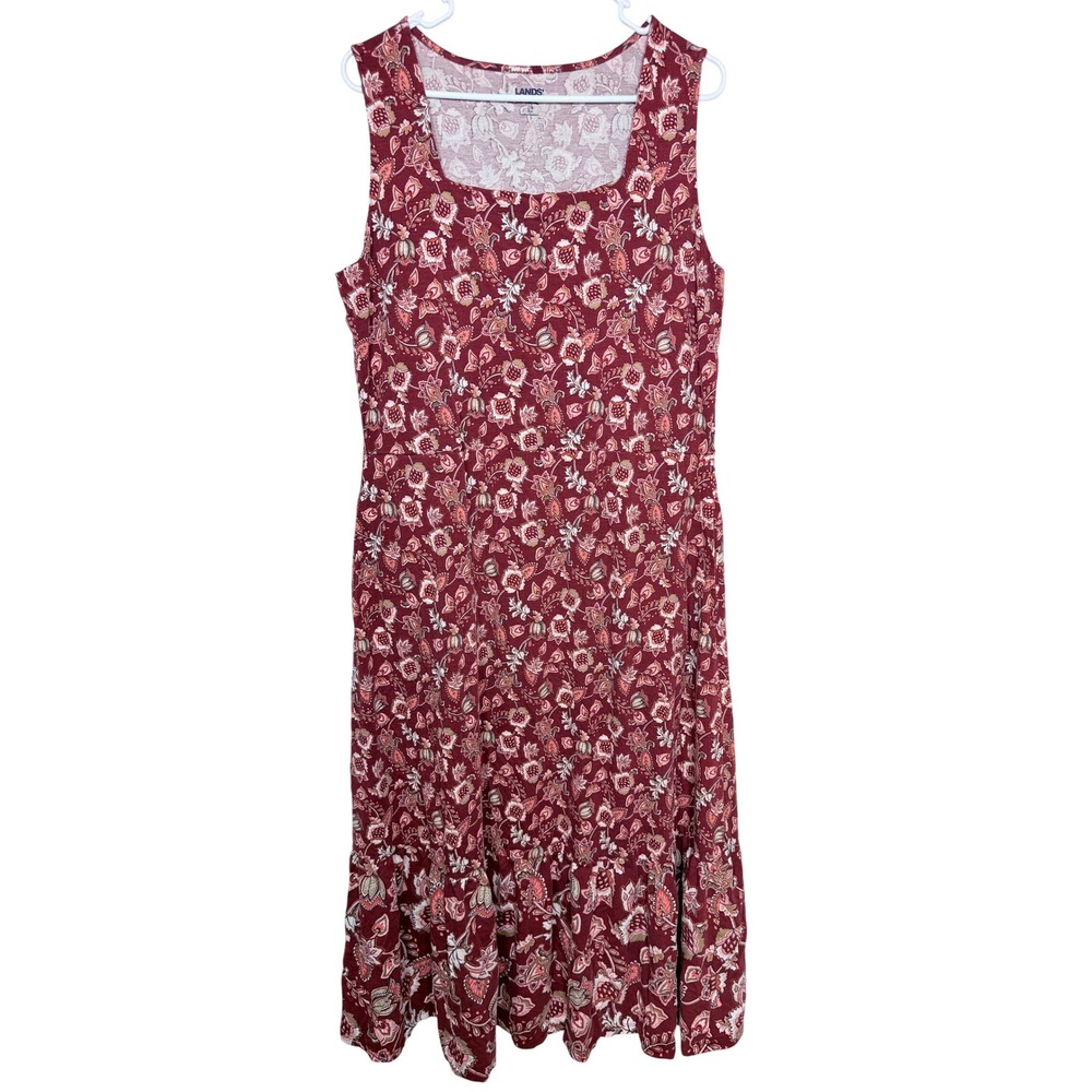 Lands' End Women Dress Large Pet Burgundy Floral Bohemian Romantic Autumn Maxi
